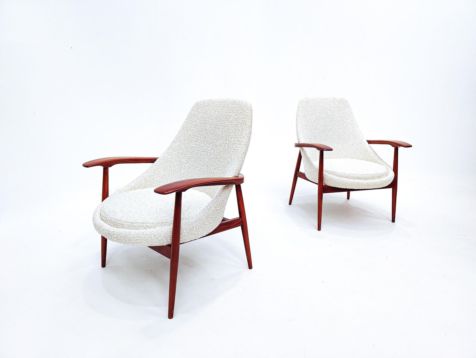Pair Of Mid Century Armchairs, Wood And White Boucle Fabric, Italy 1960s photo Furniture