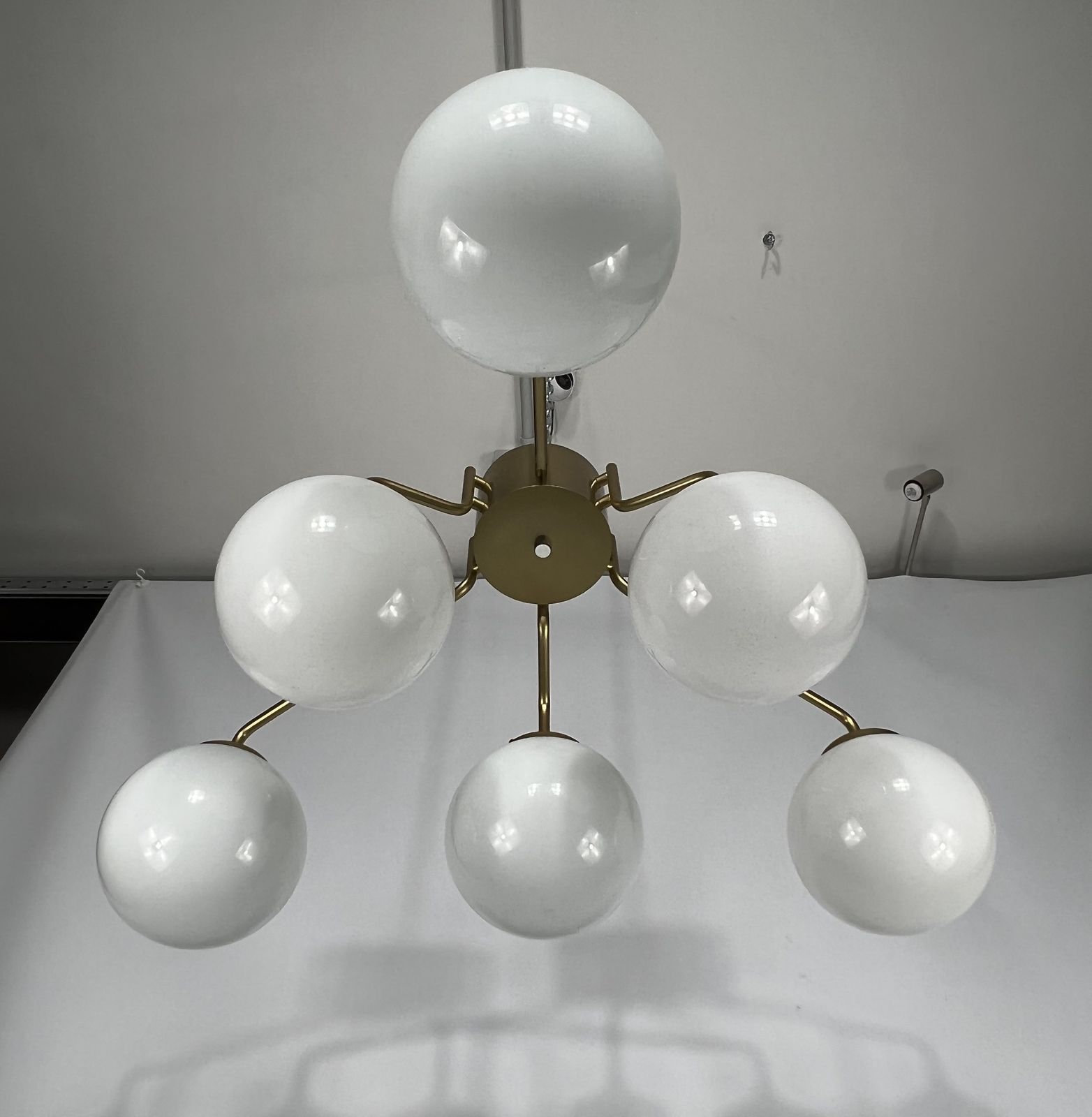 Monumental Mid Century Brass And Milk Glass Ceiling Lamp By Reggiani. Italy 1970s photo vinterior