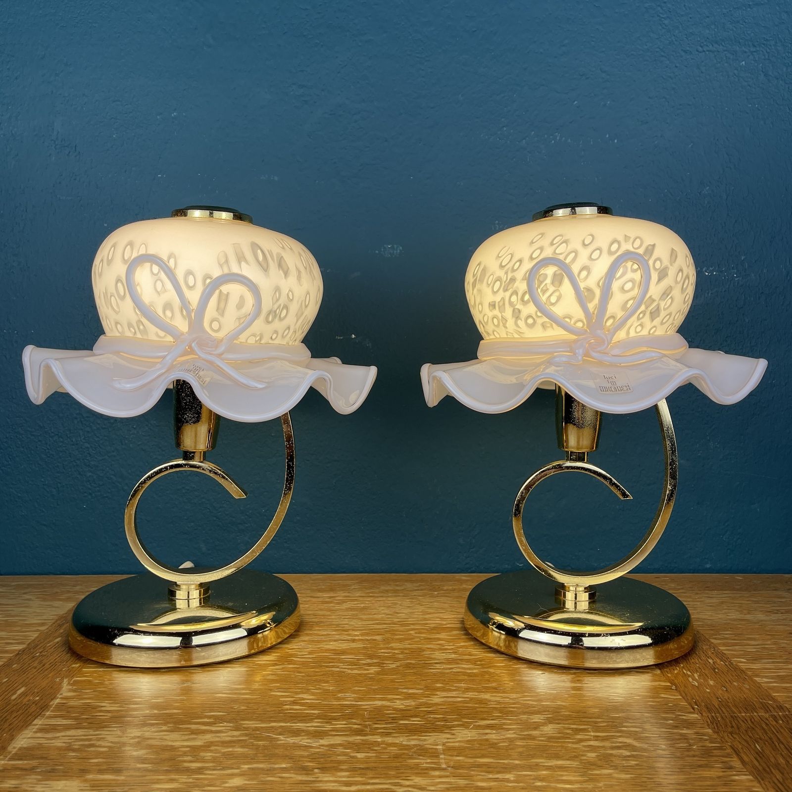 Pair Of 2 Pink Murano Table Lamps Italy 1980s Woman's Hat Murano Lamp photo furniture