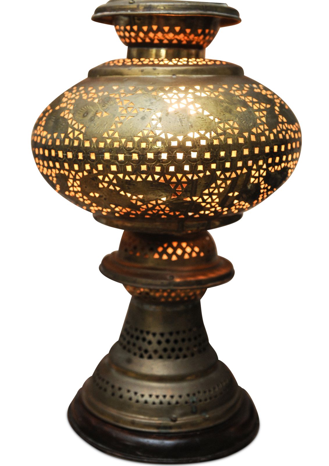 Early 20th Century Decorative Handmade Middle Eastern Art Brass Table Lamp With Pierced Detailing On A Circular Wooden Base Ol photo for sale