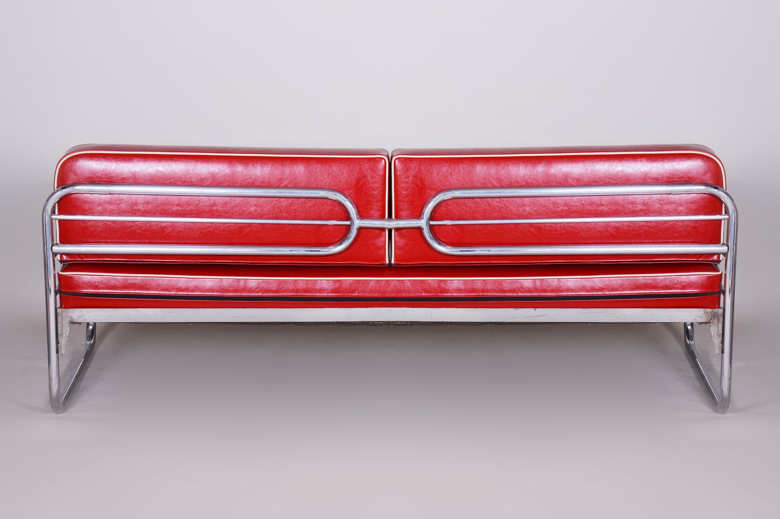 Red Leather Sofa Made In 1930s Czechia By Hynekk Gottwald   Fully Restored photo for sale