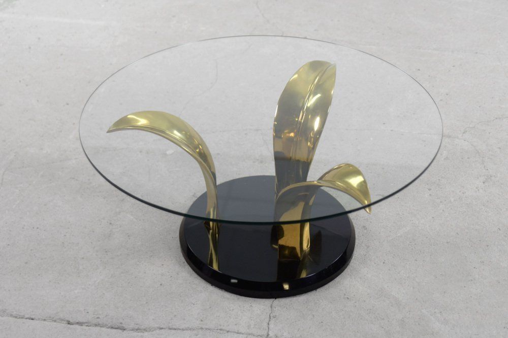 Vintage Hollywood Regency Glass & Brass Palm Leaf Cocktail Coffee Table, 1970s