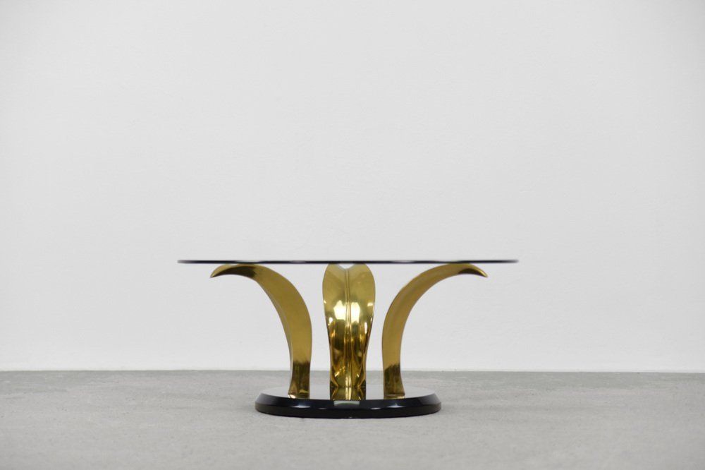 Vintage Hollywood Regency Glass & Brass Palm Leaf Cocktail Coffee Table, 1970s photo 2549.0