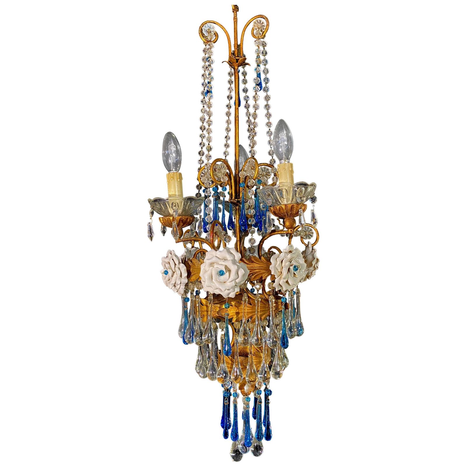 Lovely Chandelier With White Roses And Blue Drops, Murano, 1950s