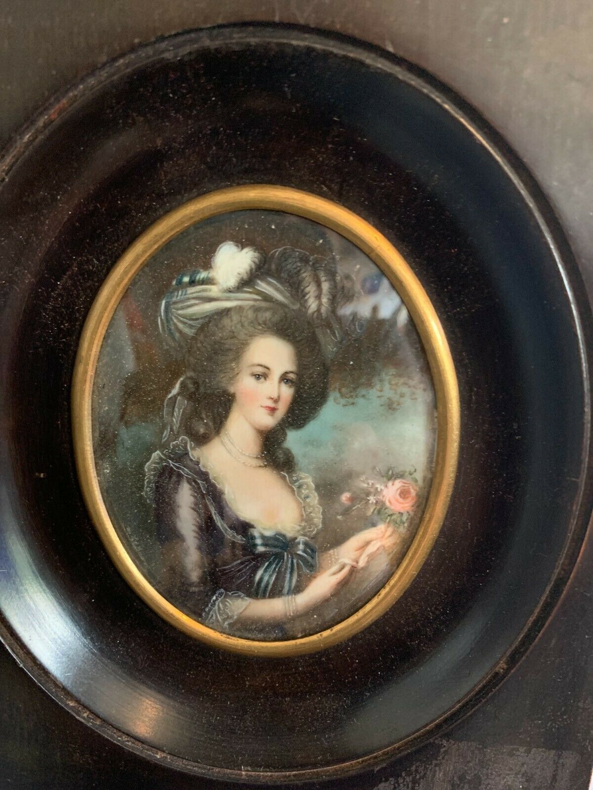 Miniature Portrait Of A Young Woman With A Hat Signed XX Century photo furniture