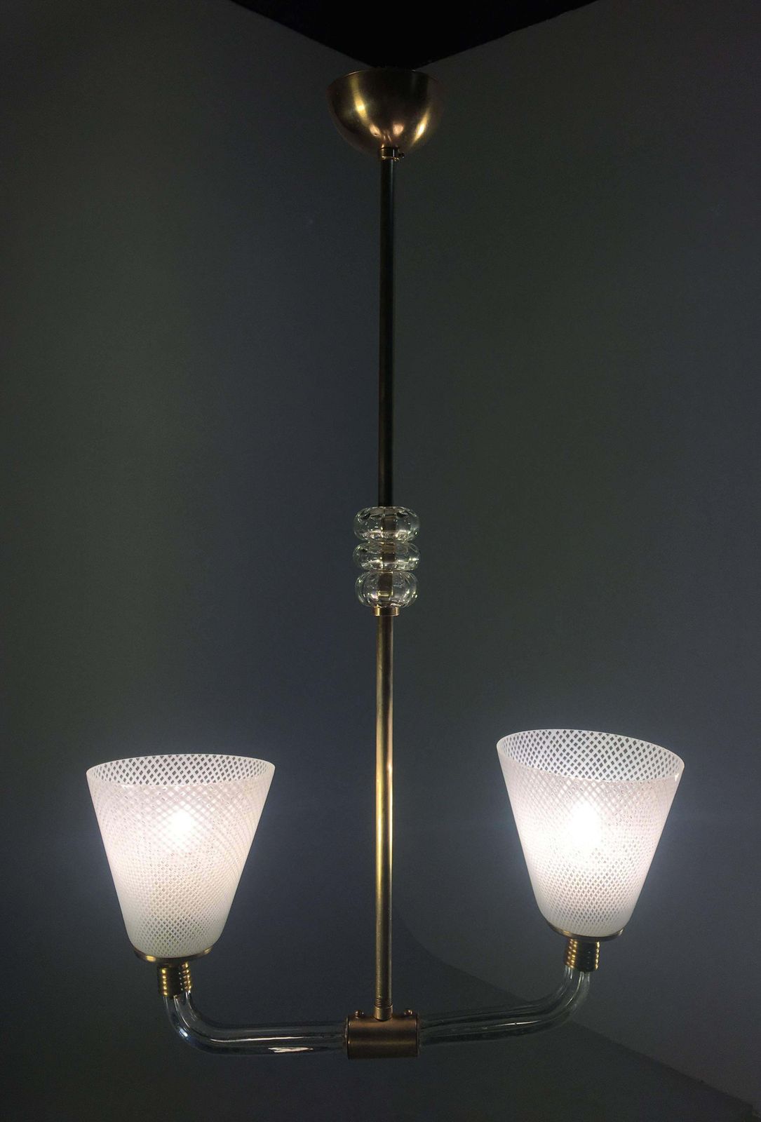 Adorable Pendant Chandelier "Reticello" By Venini, Murano, 1940s photo vinterior