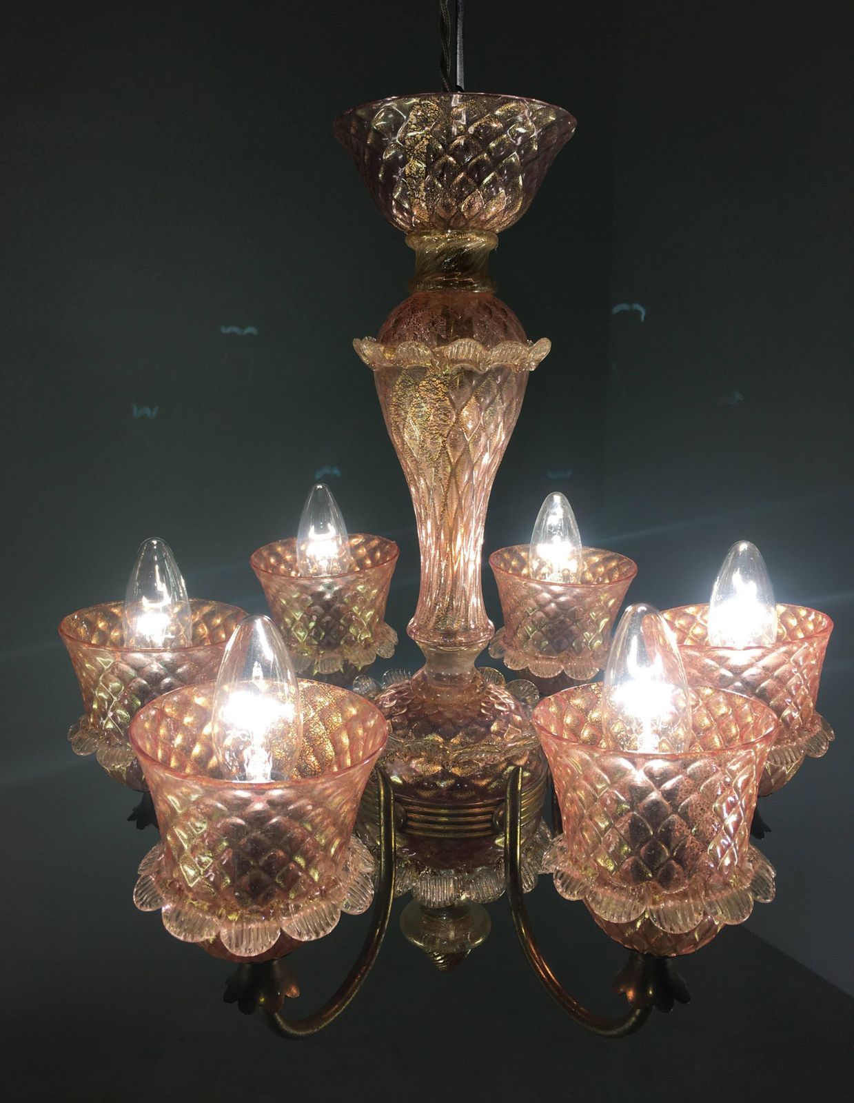 photo for sale Pink And Gold Chandelier By Barovier & Toso, Murano, 1950