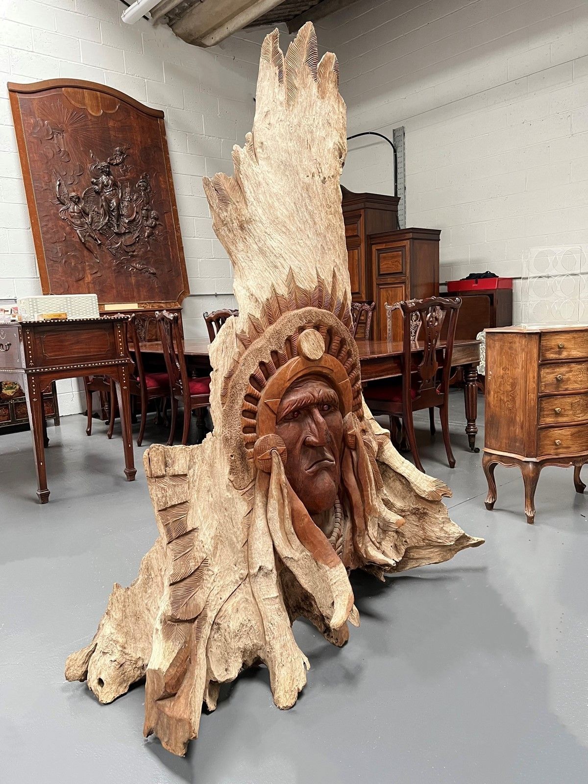 Native American Chief, Hand Carved Sculpture photo vintage