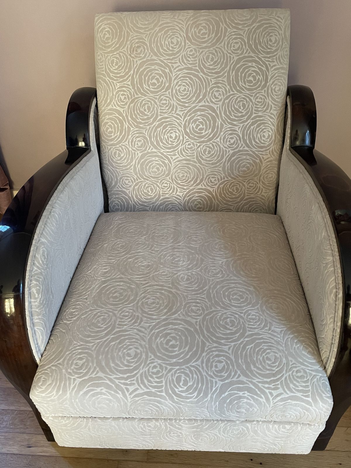 Rosewood Tinted Art Deco Armchair With Ivory Colored Velvet photo vinterior