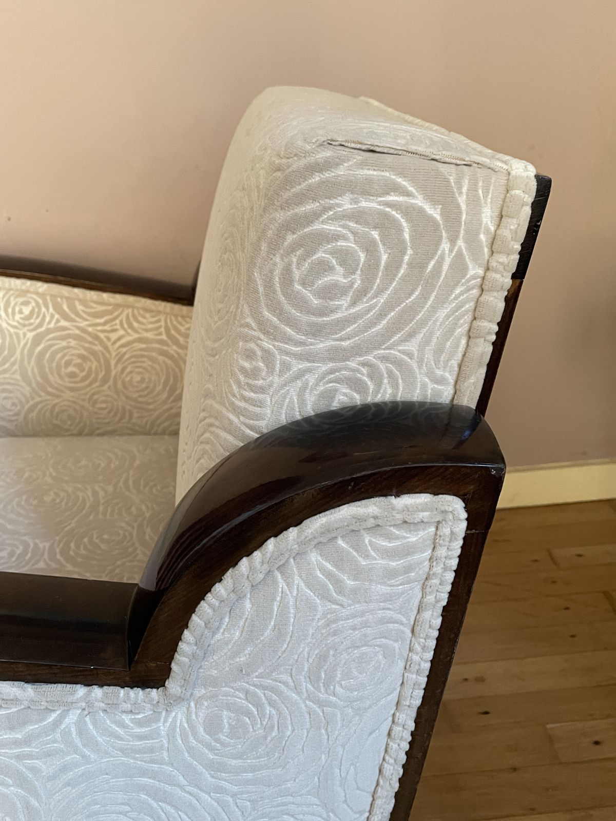 Rosewood Tinted Art Deco Armchair With Ivory Colored Velvet photo vintage