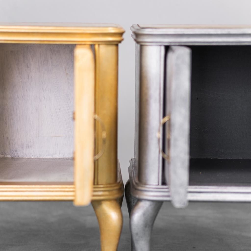 Pair Of 1950s Vintage Gold And Silver Wood Bedside Table photo vintage