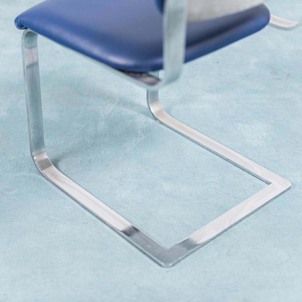 Set Of 4 Eco Leather Chairs Blue Chromed Metal 70's Vintage photo vintage