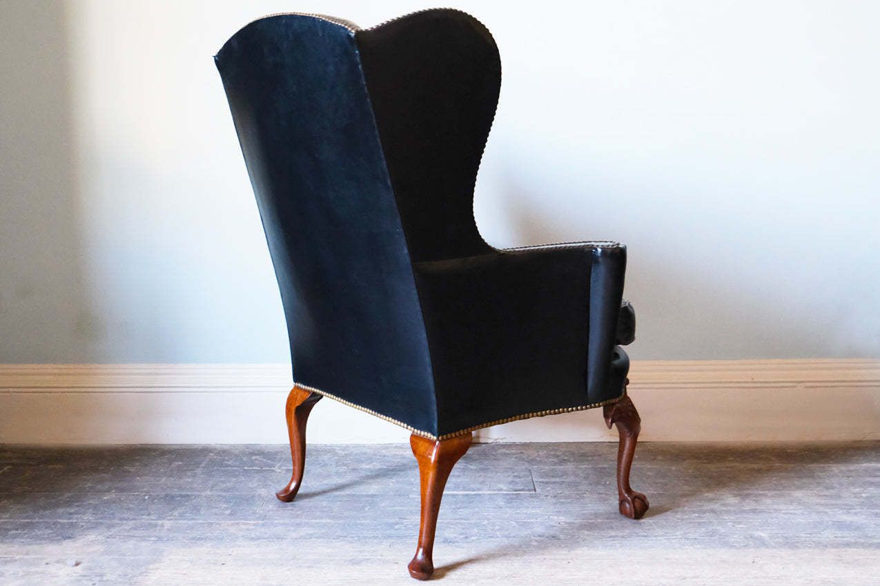 Black Leather Upholstered Wingback Armchair With Ball & Claw Feet photo buy