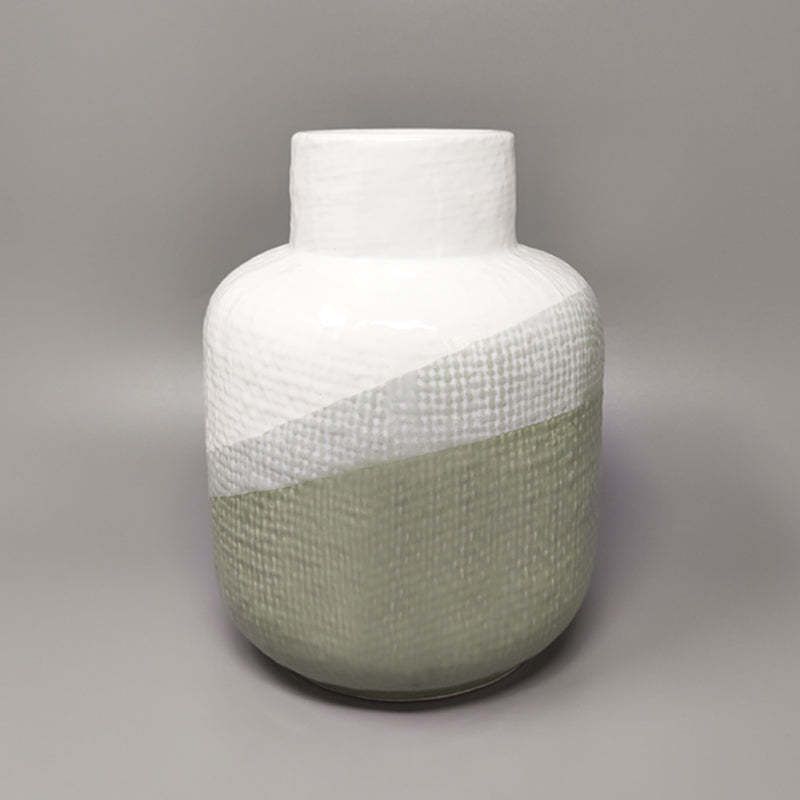 1970s Gorgeous Green And White Vase In Ceramic By F.Lli Brambilla. Made In Italy photo for sale
