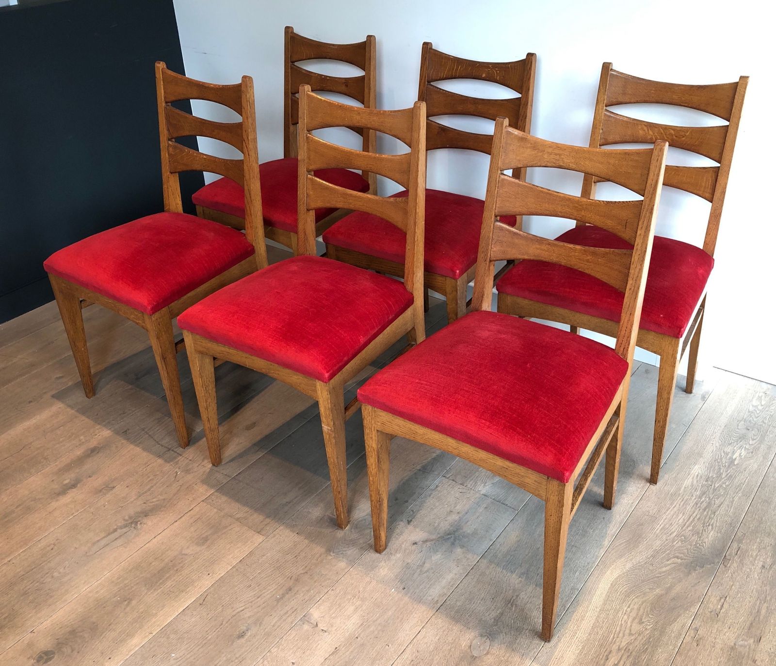 2500.0 Suite Of 6 Oak Chairs And Red Velvet Seats photo