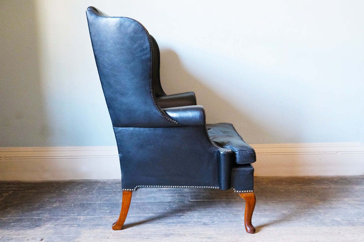 Georgian Black Leather Upholstered Wingback Armchair photo for sale
