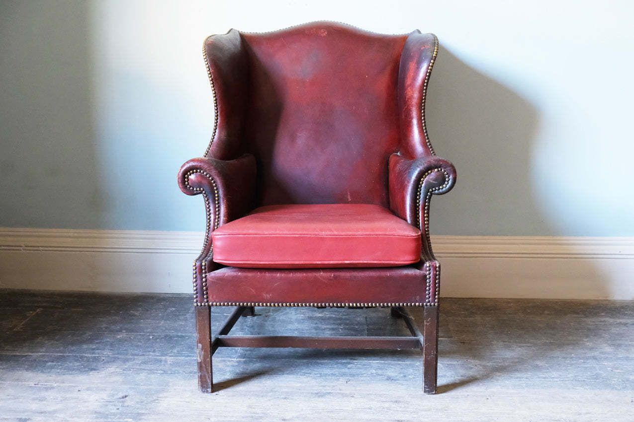 Georgian Red Leather Upholstered Wingback Armchair