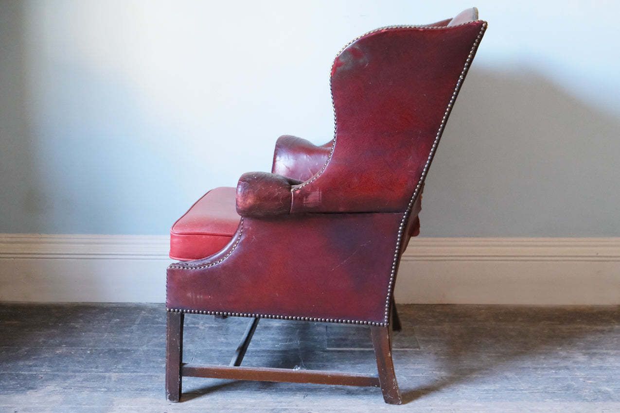 Georgian Red Leather Upholstered Wingback Armchair photo vinterior