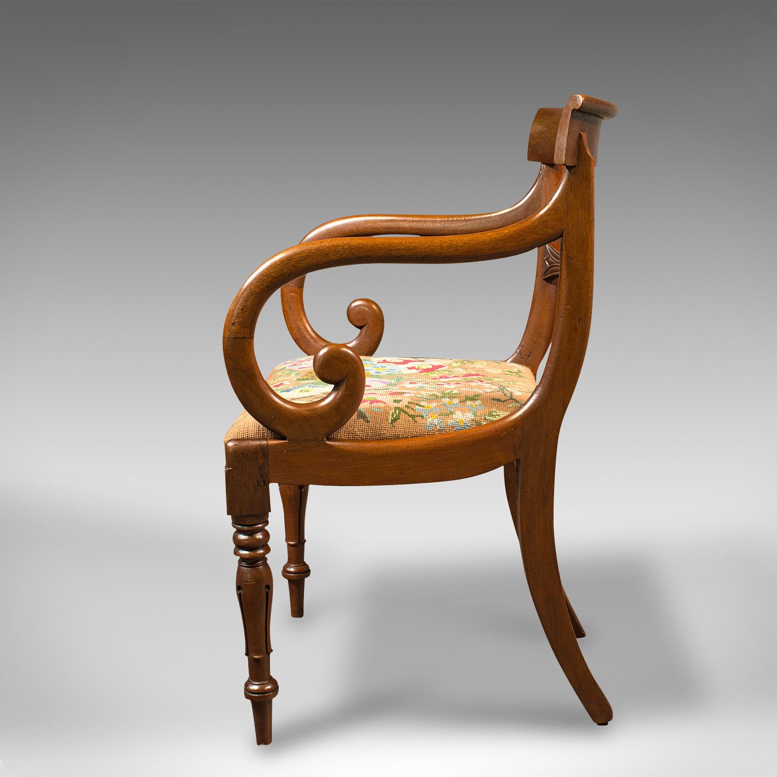 Antique Scroll Arm Chair, English, Armchair, Needlepoint, Regency, C.1830 photo furniture