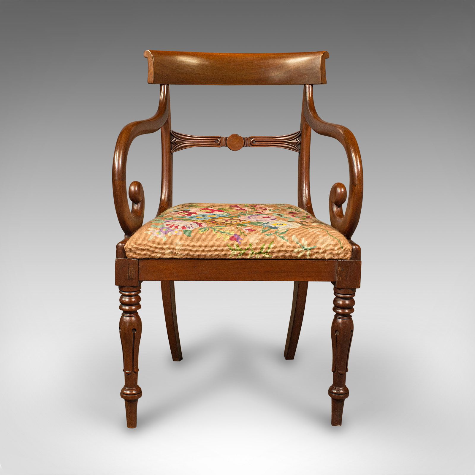 Antique Scroll Arm Chair, English, Armchair, Needlepoint, Regency, C.1830 photo Furniture