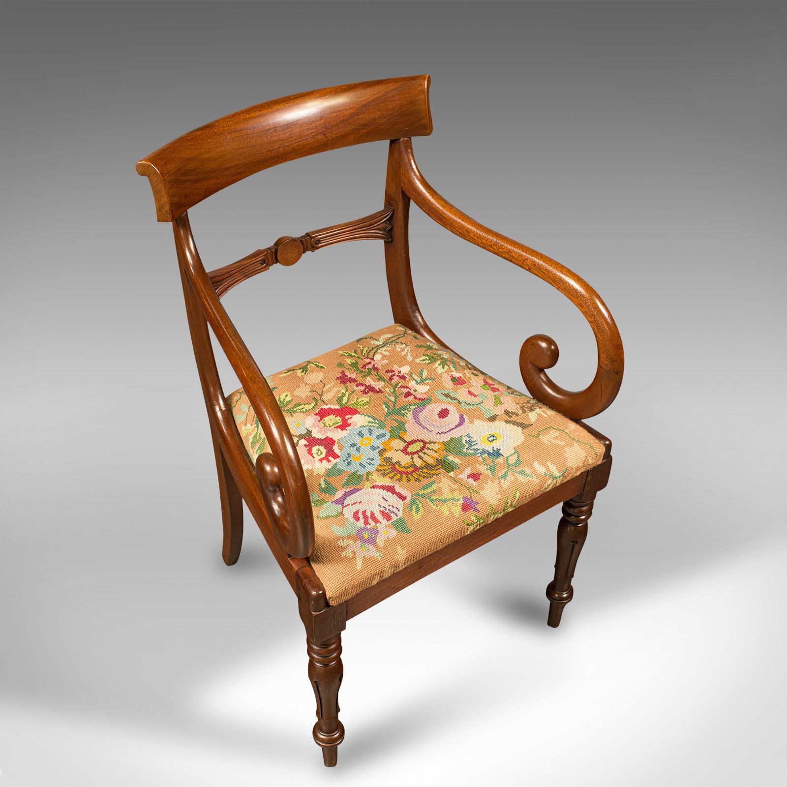 925.0 Antique Scroll Arm Chair, English, Armchair, Needlepoint, Regency, C.1830 photo