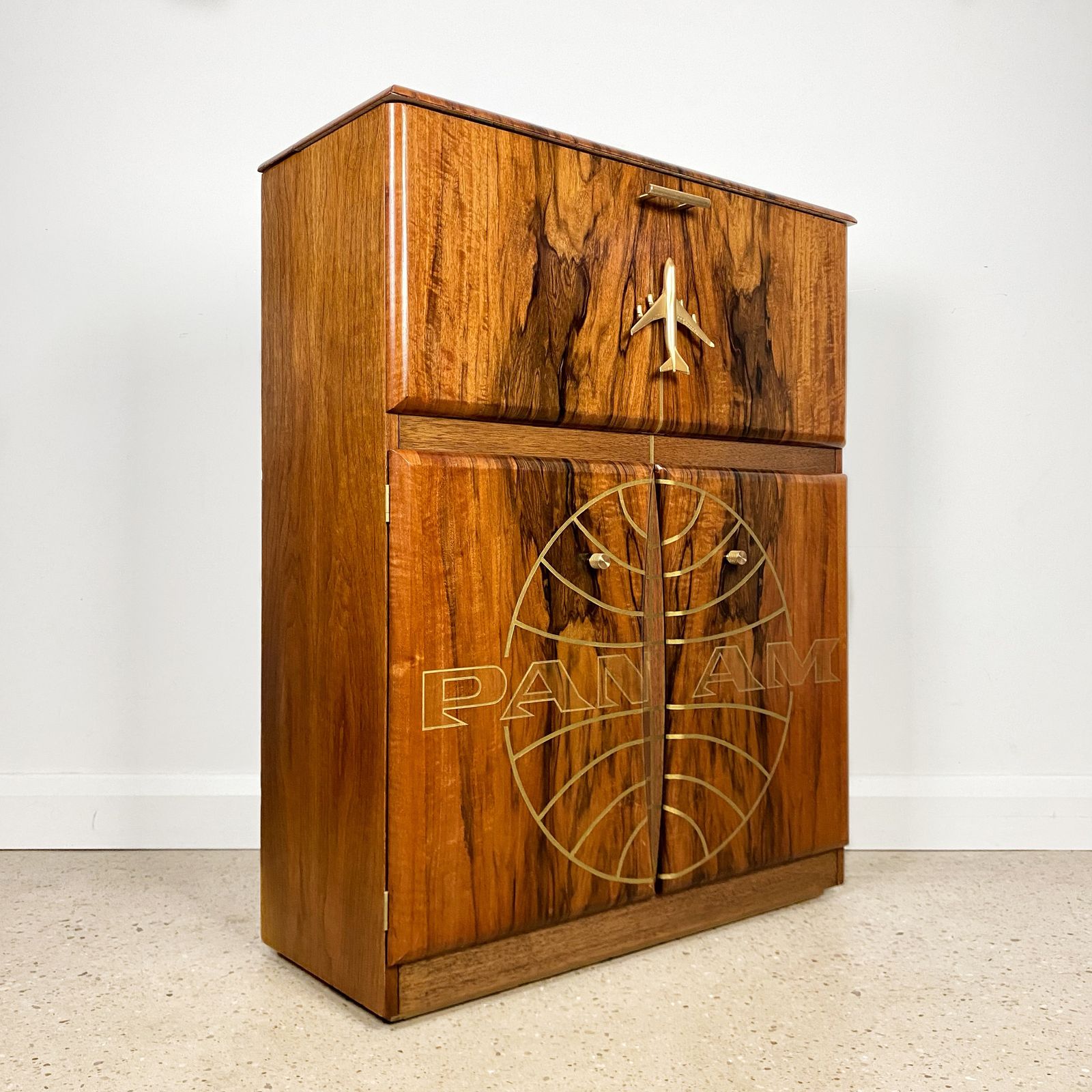 Mid Century Cocktail Cabinet In Walnut With Gold Pan Am Airways Design And Travel Map Theme photo 2995.0