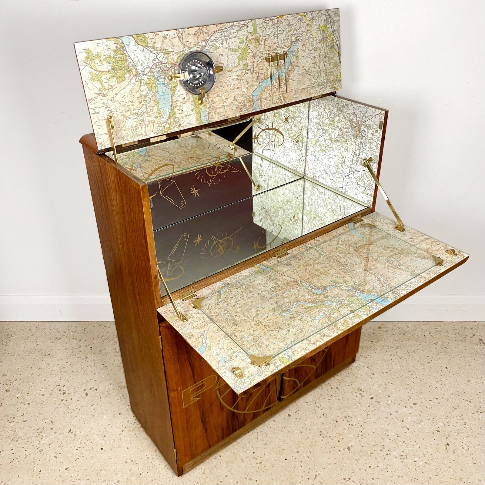 Mid Century Cocktail Cabinet In Walnut With Gold Pan Am Airways Design And Travel Map Theme photo vinterior