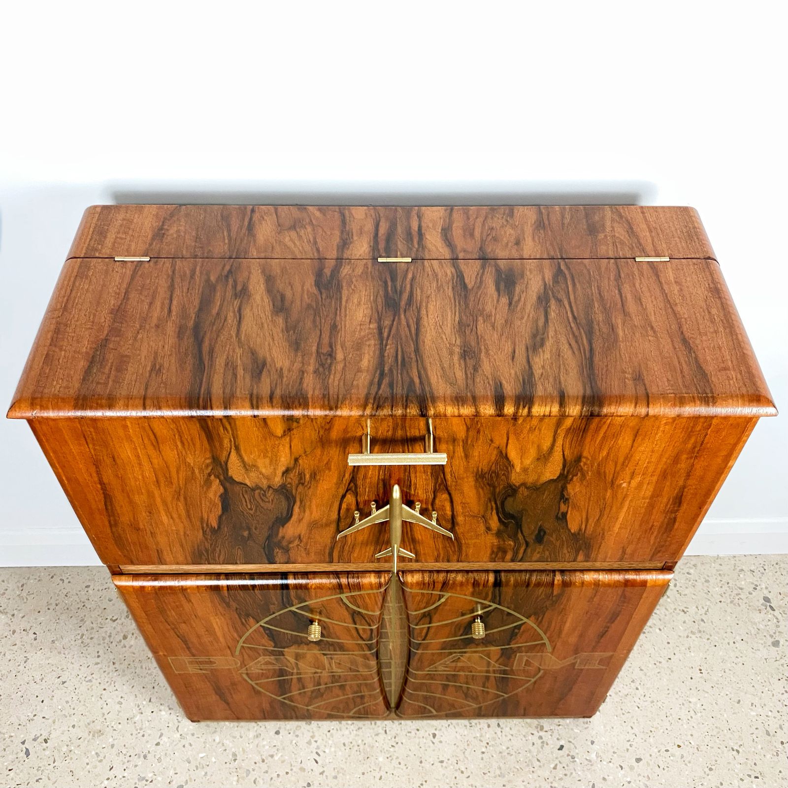 Mid Century Cocktail Cabinet In Walnut With Gold Pan Am Airways Design And Travel Map Theme photo buy