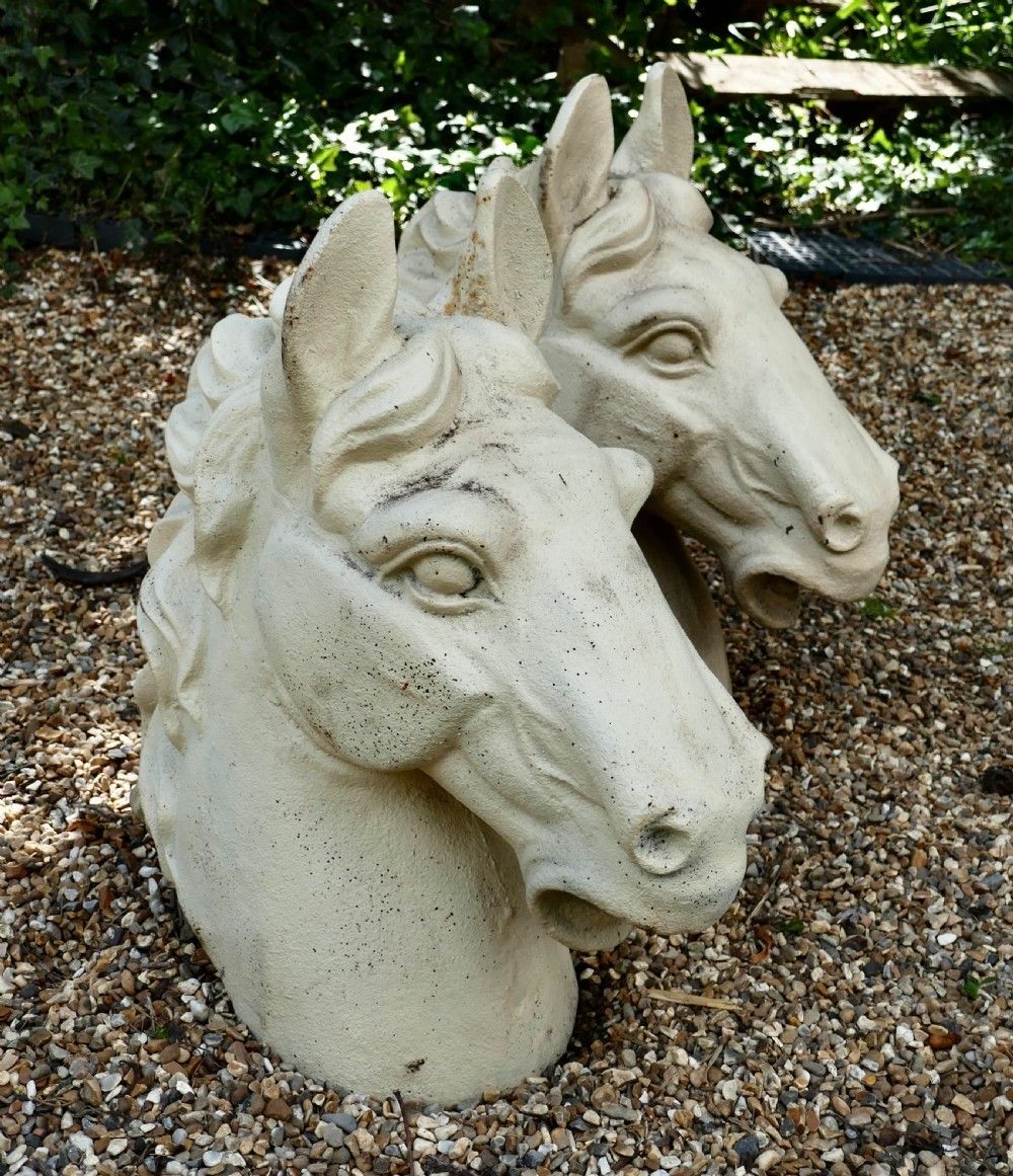 Pair Of Large Painted Cast Iron Horse Heads, Gate Post Finials photo vinterior
