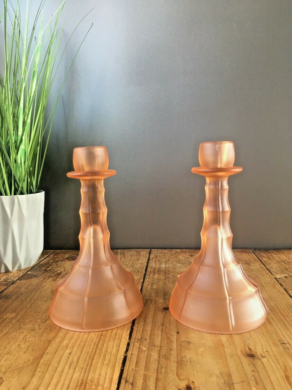 Rare Pair Of Art Deco Frosted Glass Candlesticks Candle Holders Walther & Sohne photo 100.0
