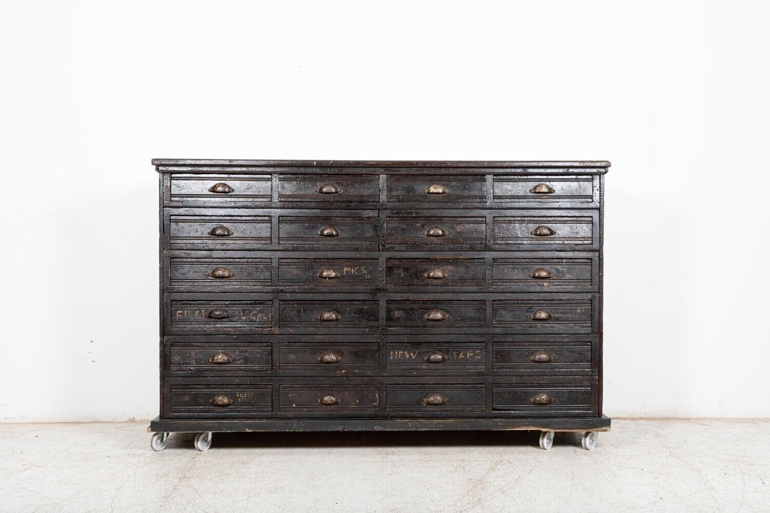 Large 19thc English Engineers Ebonised Bank Of Drawers