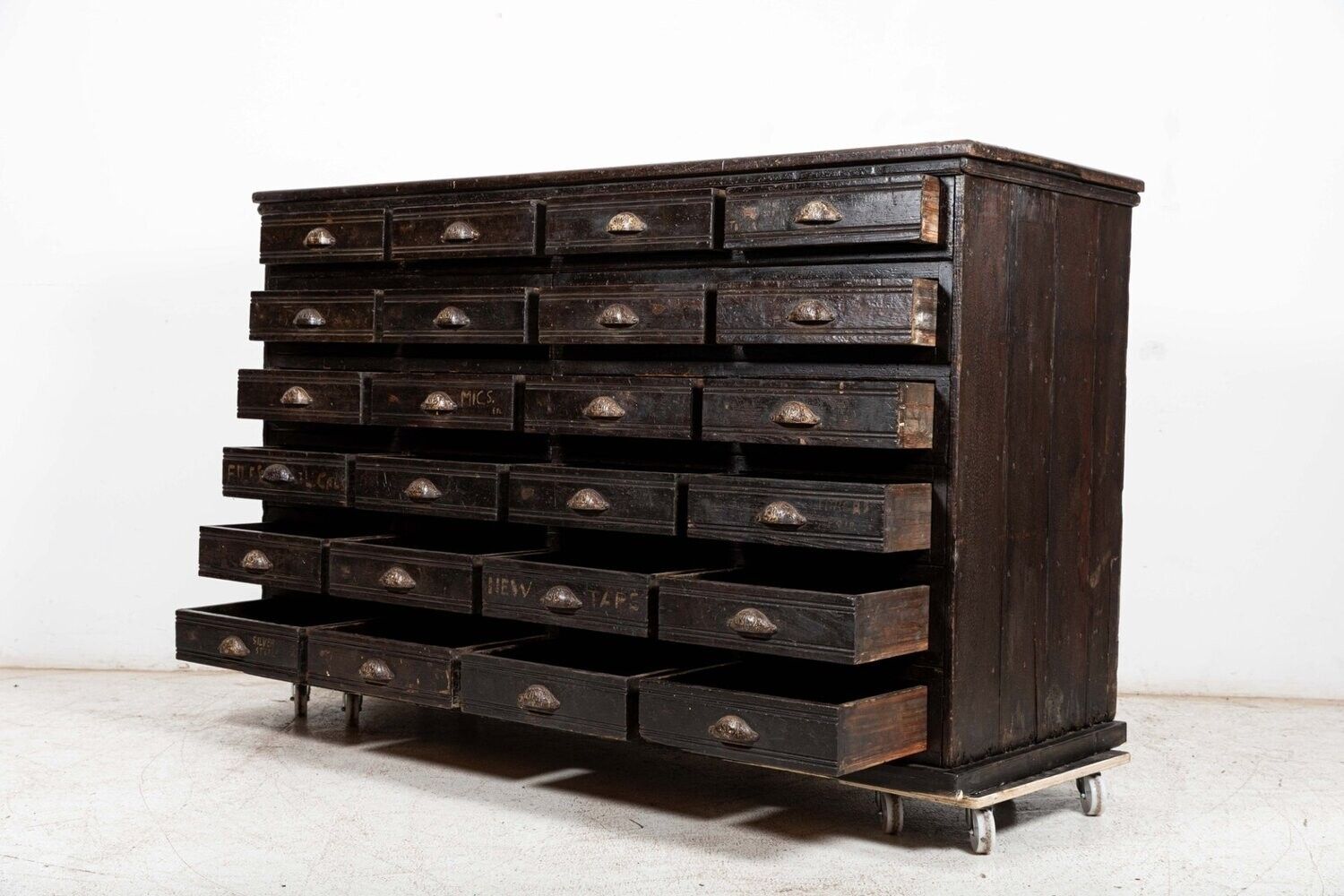 Large 19thc English Engineers Ebonised Bank Of Drawers photo for sale