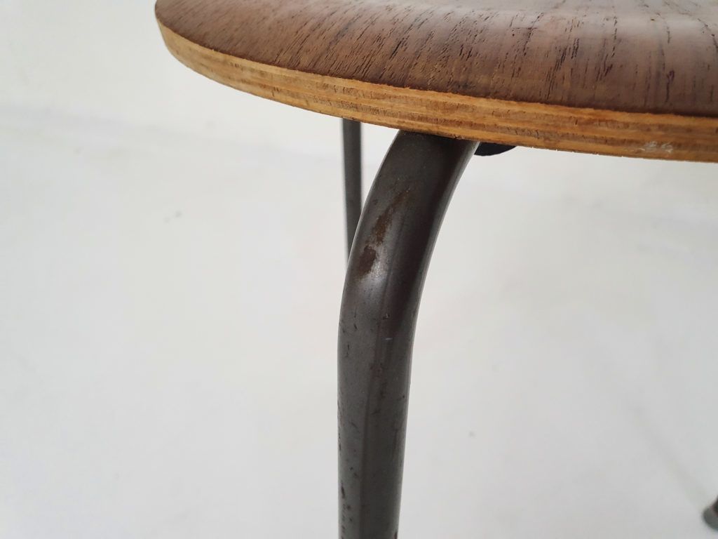Teak And Metal Arne Jacobsen Inspired Tripod Stool, Denmark 1960's photo vinterior