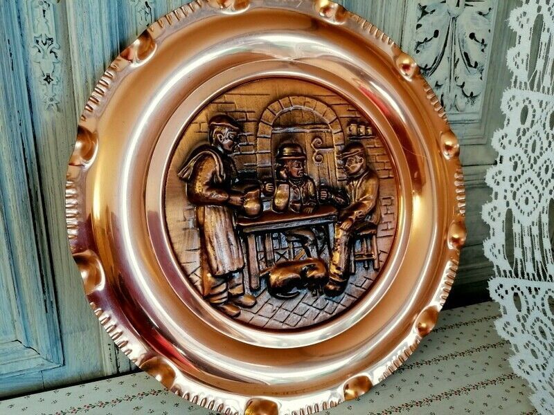 An Original Antique French Vintage Embossed Copper Wall Plaque photo Art