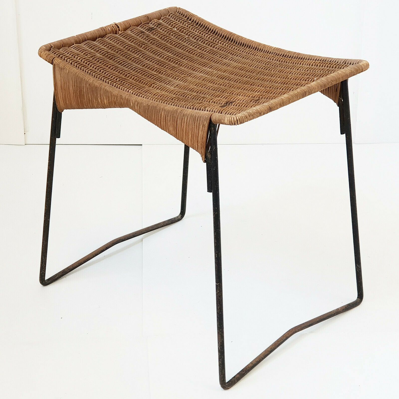Vintage Stool 1950 By Raoul Guys For Airborne In Rattan & Steel 1950s 50s