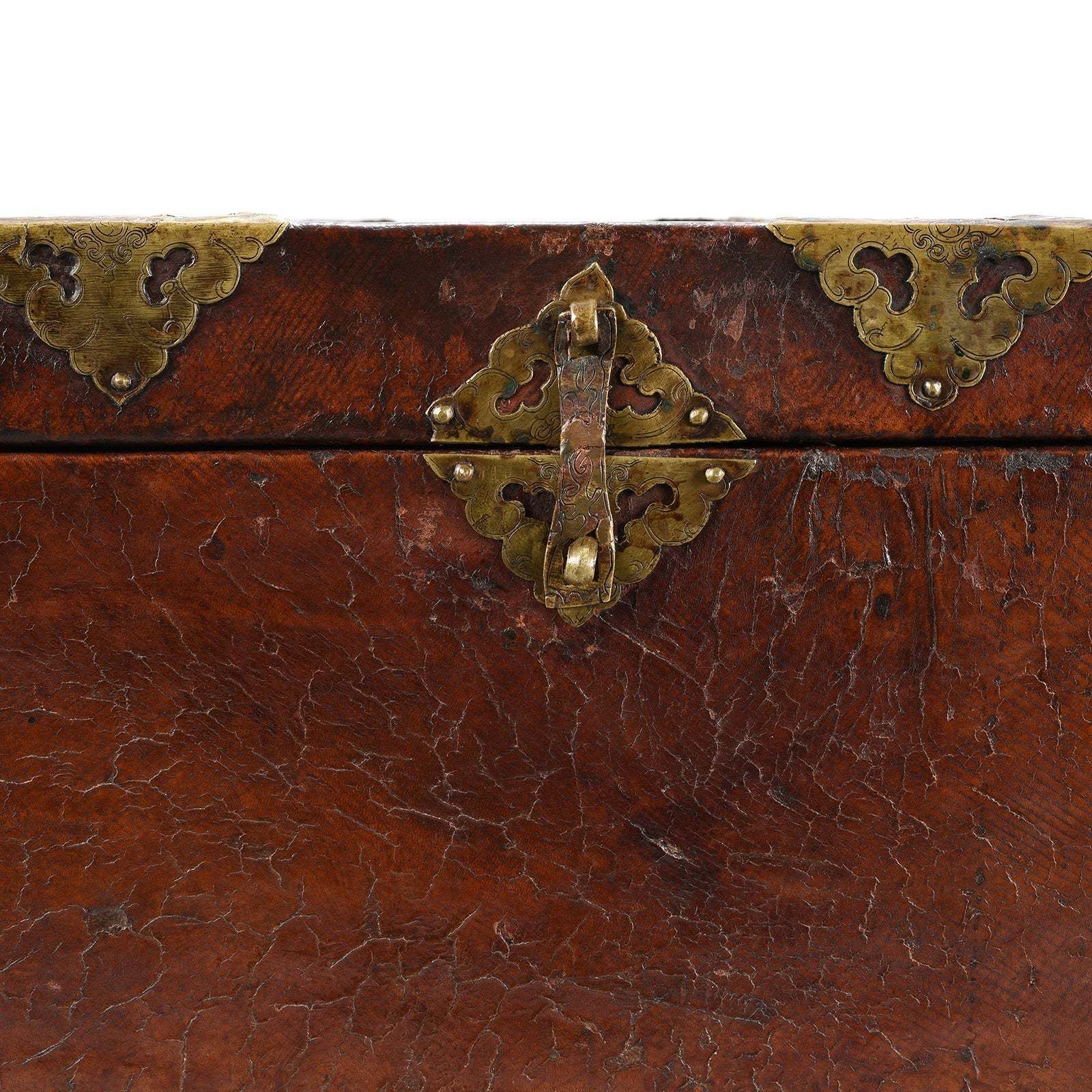 Tibetan Brass Bound Leather Trunk   19thc photo for sale