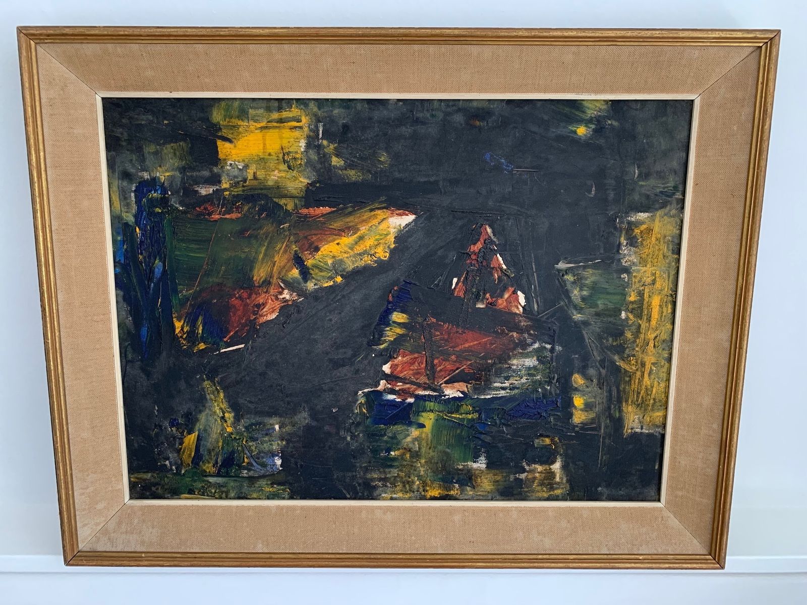 Interesting Midcentury British Modernist Impasto Oil On Board Painting In Original Period Frame