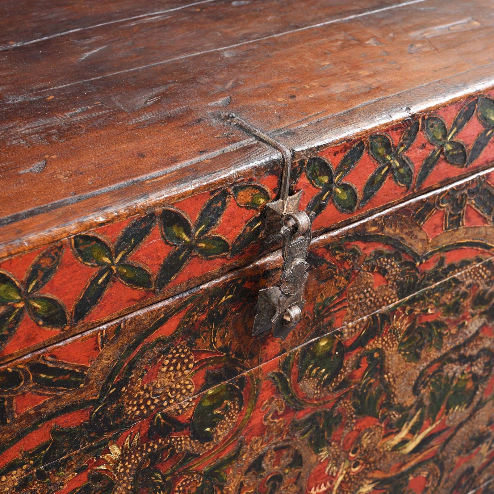 Antique Painted Tibetan 'Double Dragon' Storage Chest 17th Century photo vintage