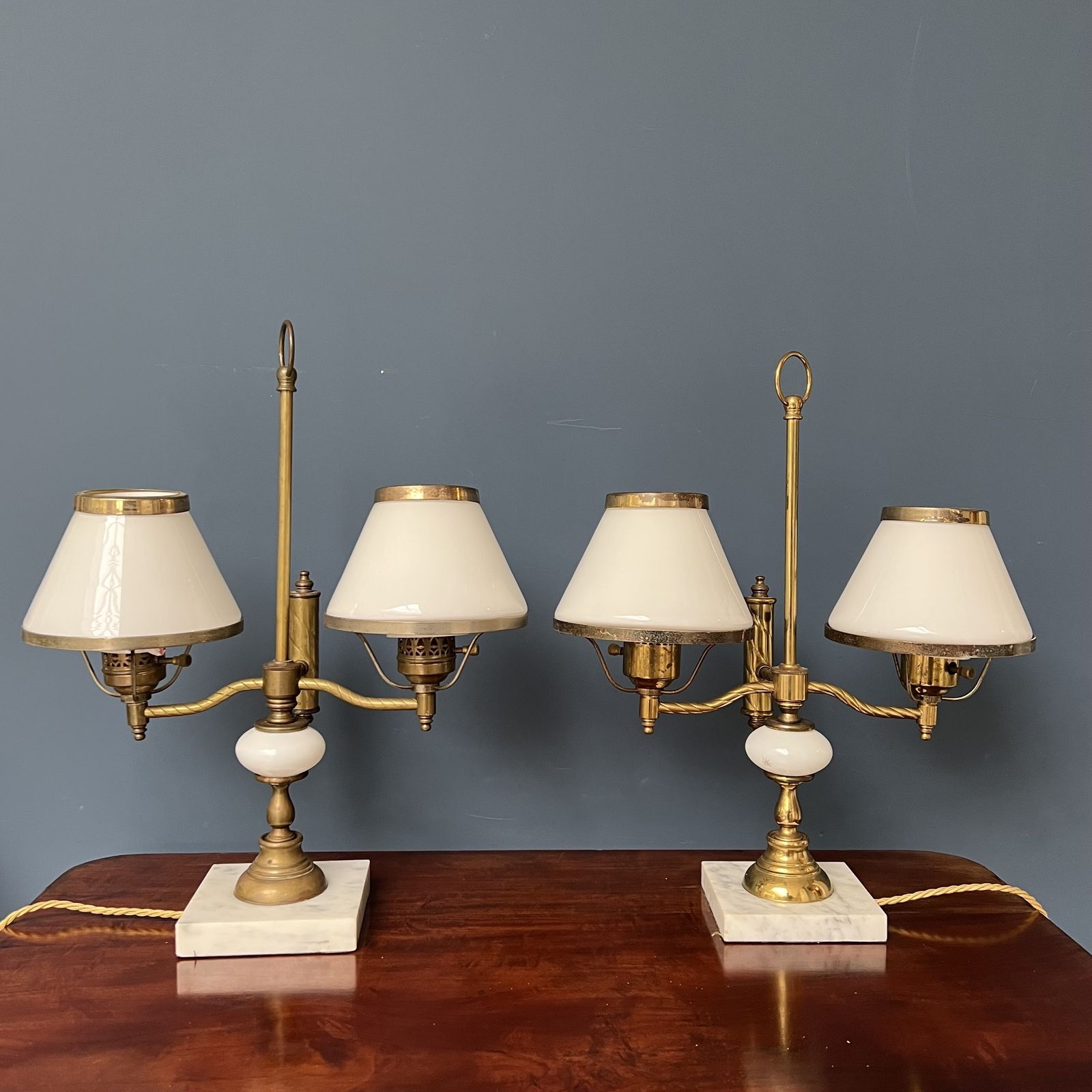 A Pair Of Twin Sconce Brass And Marble Lamps With Milk Glass Shades   Mid 20th Century photo for sale
