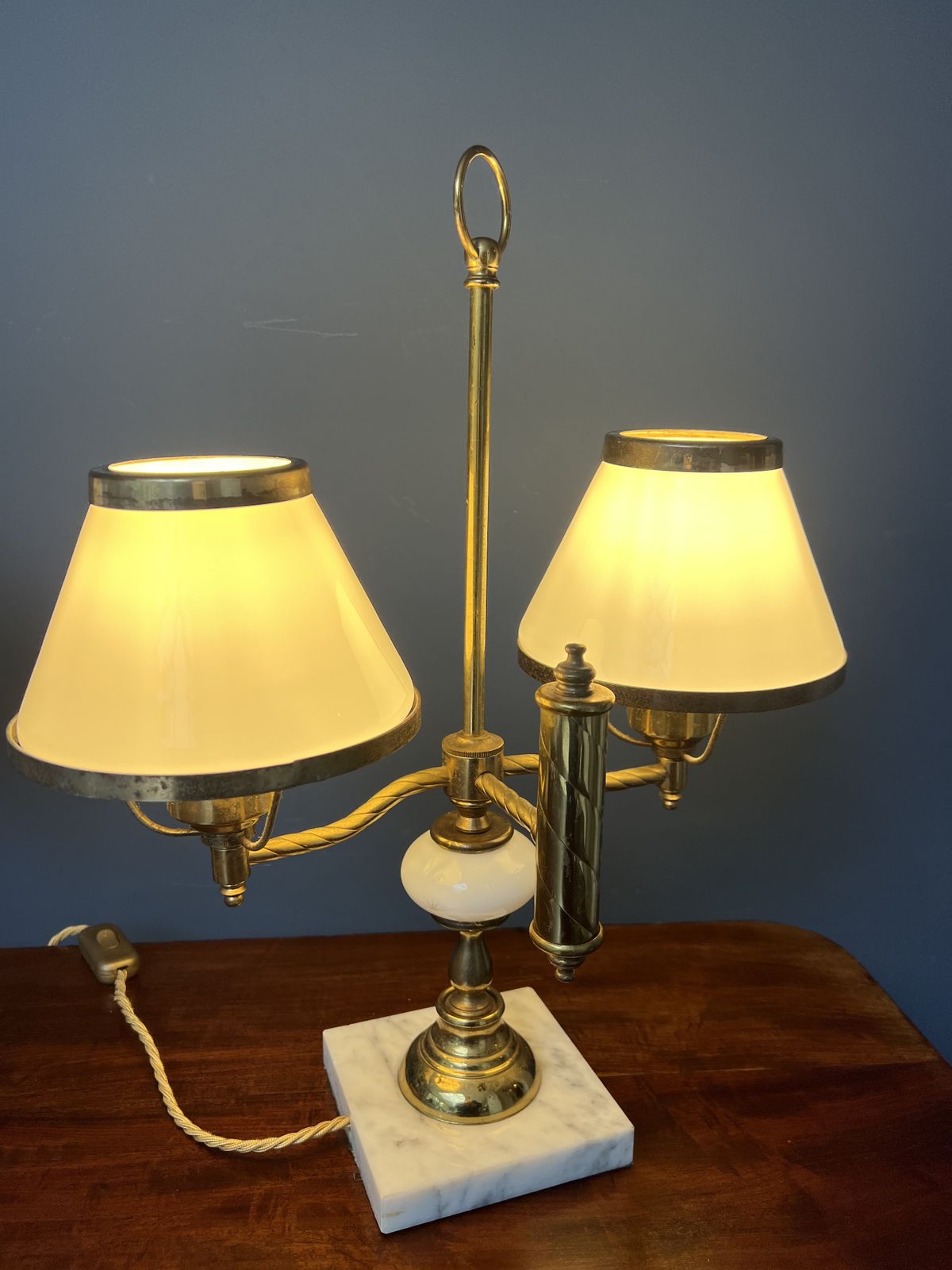 A Pair Of Twin Sconce Brass And Marble Lamps With Milk Glass Shades   Mid 20th Century photo vintage