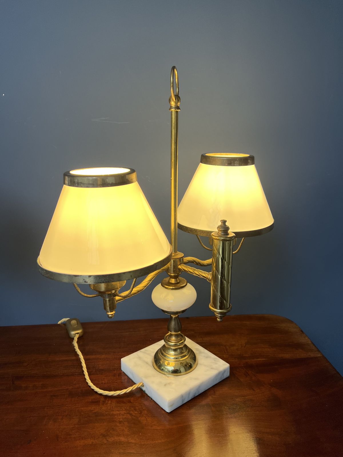 photo for sale A Pair Of Twin Sconce Brass And Marble Lamps With Milk Glass Shades   Mid 20th Century