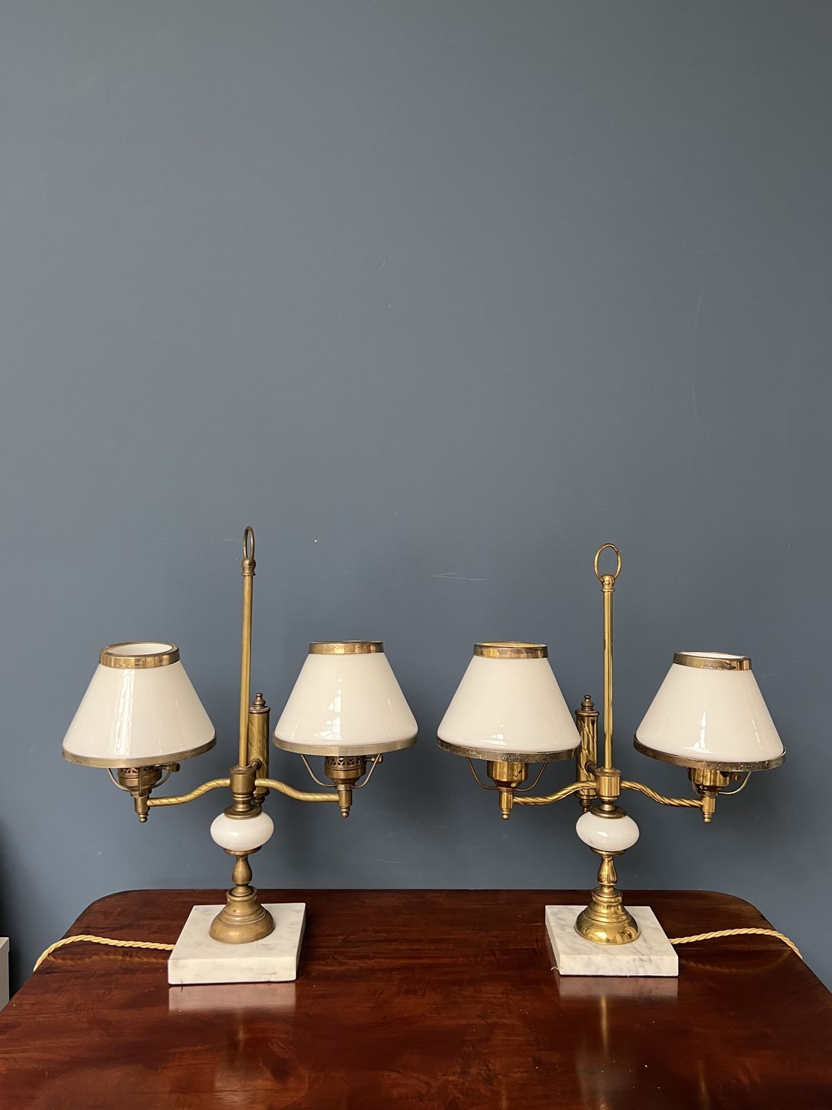 Lighting A Pair Of Twin Sconce Brass And Marble Lamps With Milk Glass Shades   Mid 20th Century photo