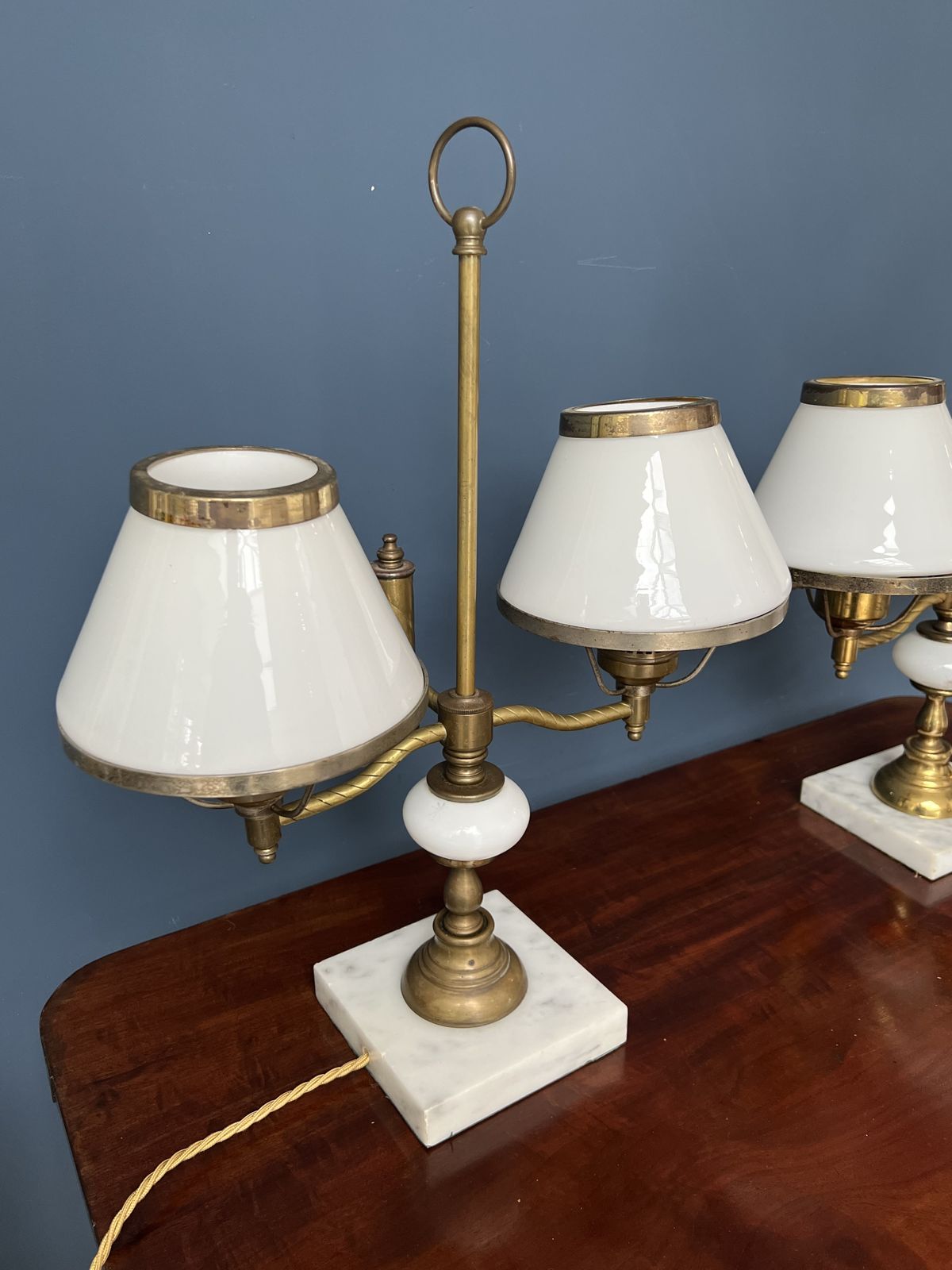 325.0 A Pair Of Twin Sconce Brass And Marble Lamps With Milk Glass Shades   Mid 20th Century photo