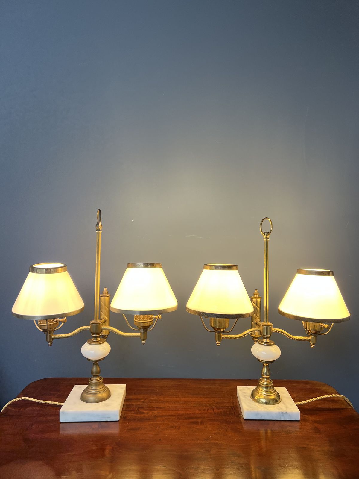 photo vinterior A Pair Of Twin Sconce Brass And Marble Lamps With Milk Glass Shades   Mid 20th Century
