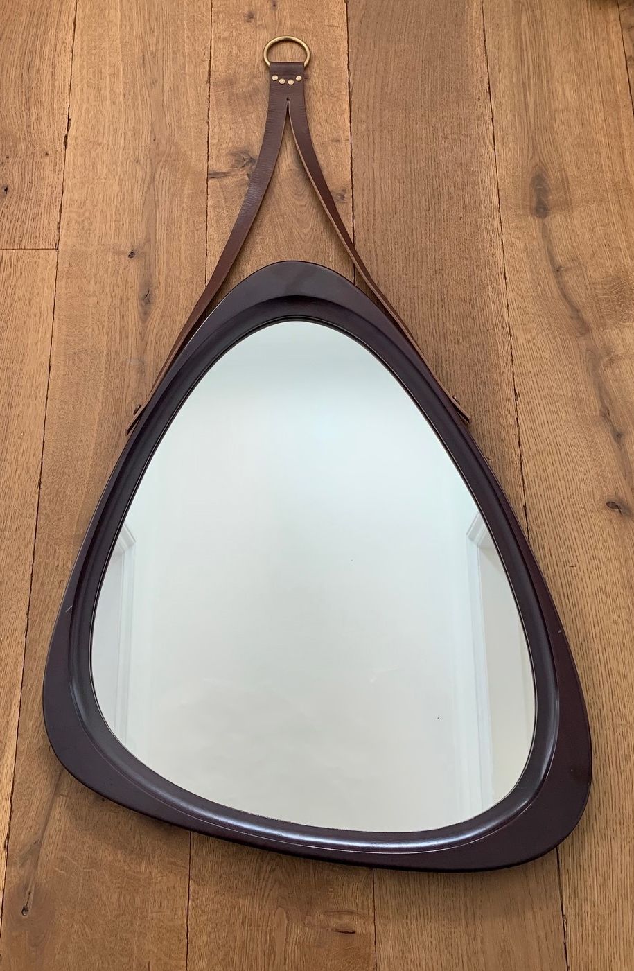 Midcentury Teardrop Mirror With Wooden Frame And Leather Cord, 1960s photo for sale