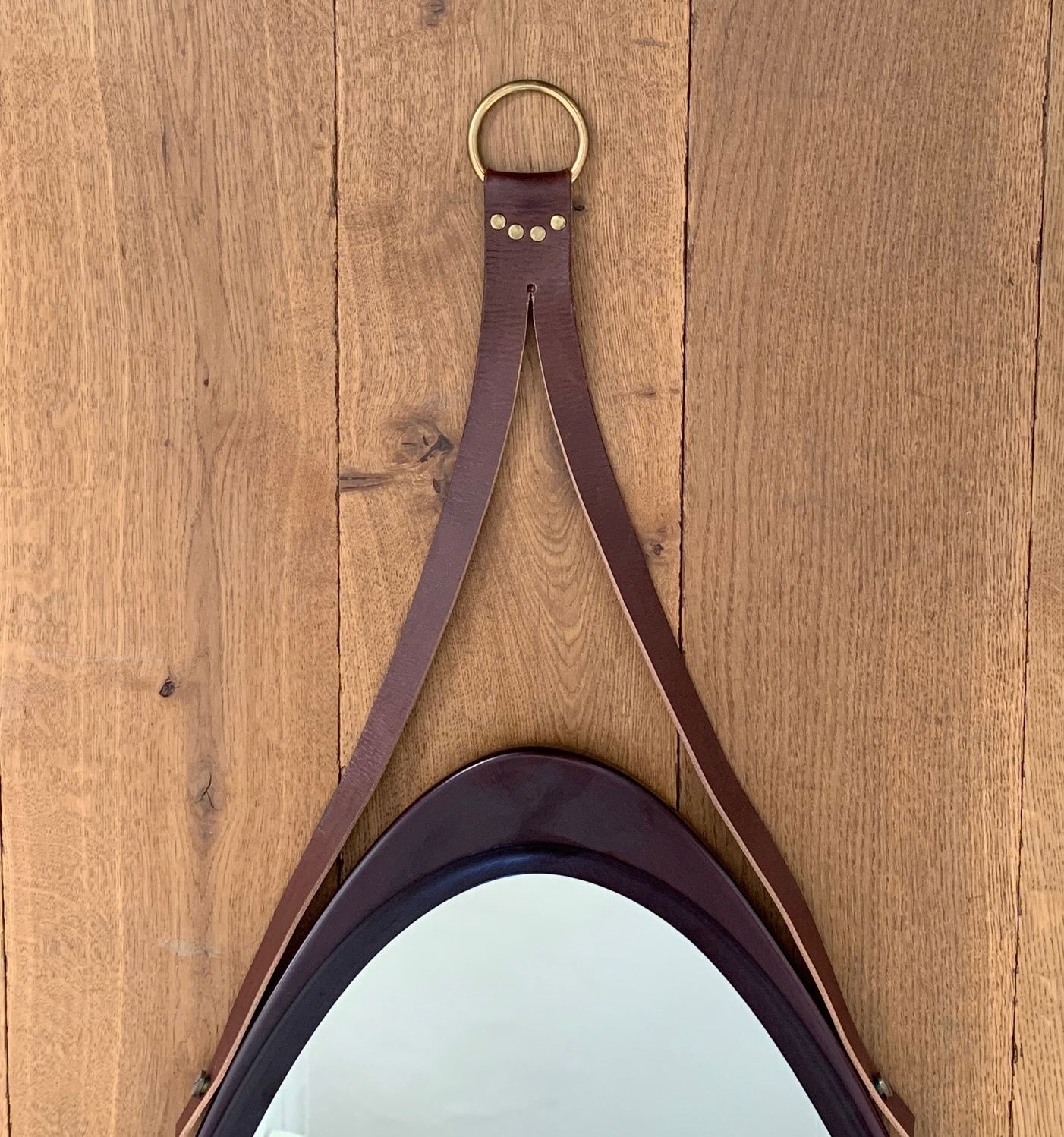 Midcentury Teardrop Mirror With Wooden Frame And Leather Cord, 1960s photo Home Decor