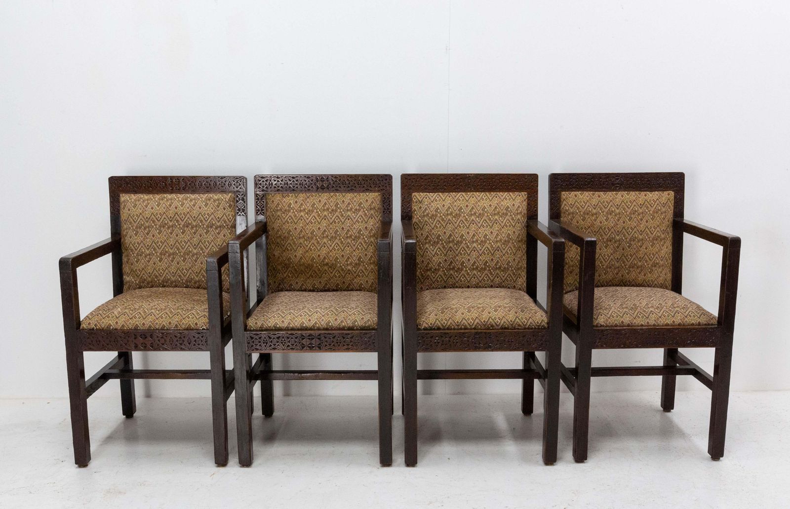 Four Moroccan Armchairs Art Deco Circa 1930 Carved Pine photo for sale
