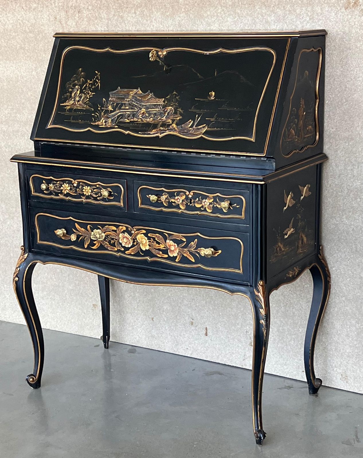 Chippendale Style Slant Top Desk In Black Lacquered Wood, Circa 1900 photo for sale