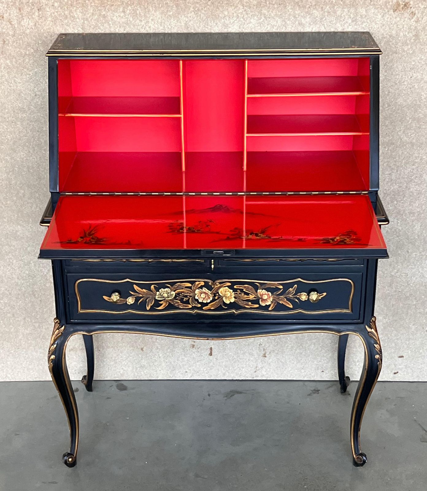 Chippendale Style Slant Top Desk In Black Lacquered Wood, Circa 1900 photo vinterior