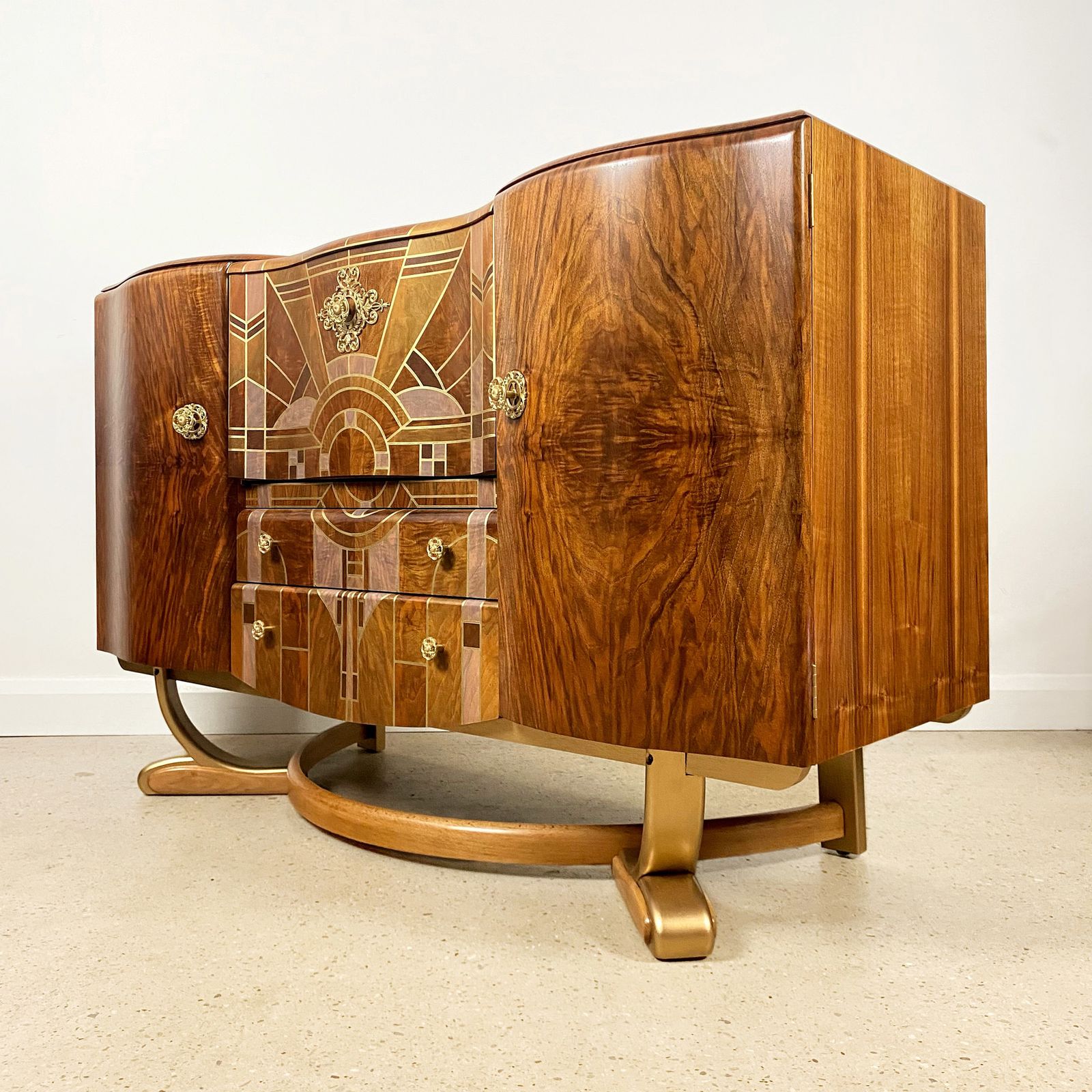 Art Deco Beautility Walnut Cocktail Cabinet With Geometric Marquetry Style Sunrise Design photo furniture